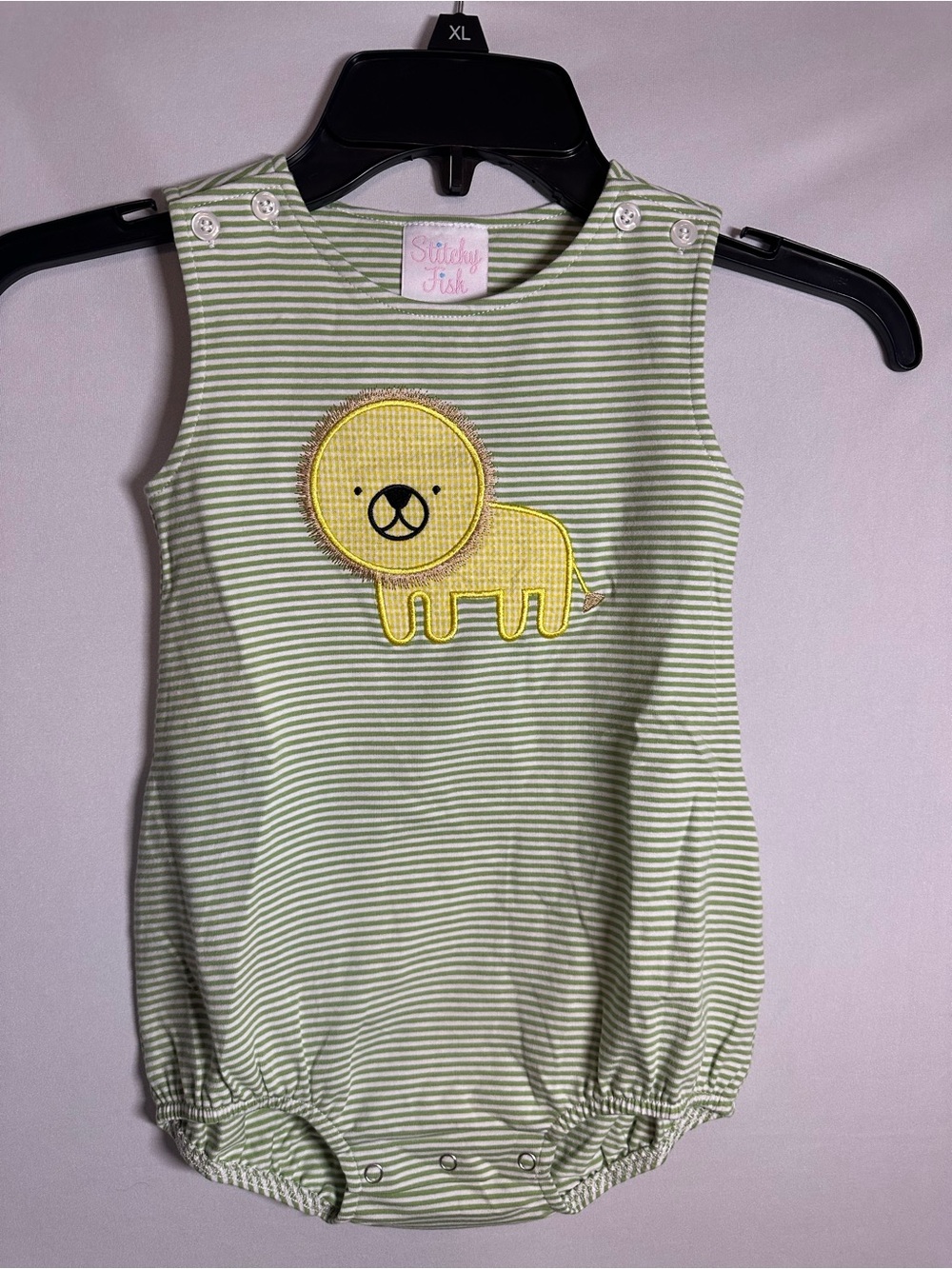 Green Striped Lion Romper - Yellow Appliqué